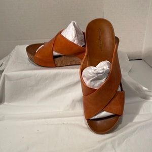 Chocolat Blu Orange-Tan Crisscross Cork Wedge Sandals